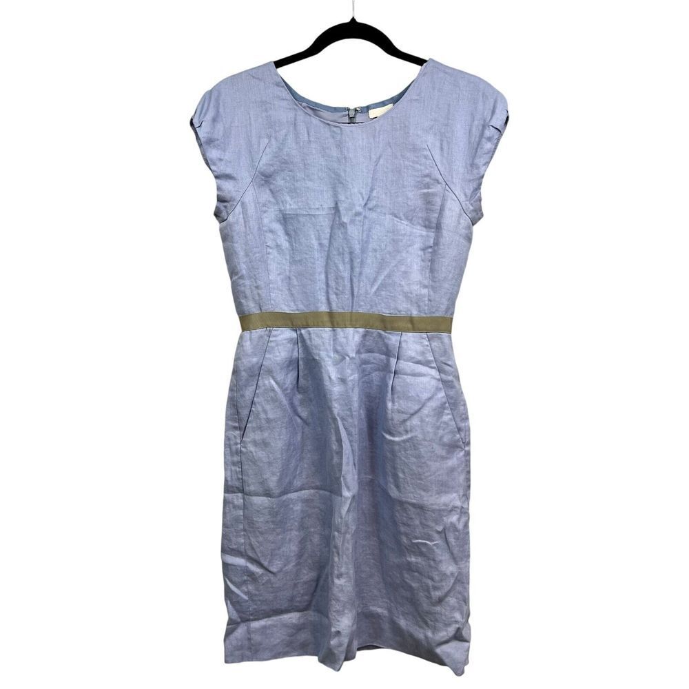 J. Crew Women Sheath Linen Dress Round Neck Lined Cap Sleeves Ribbon Waist Sz 2*